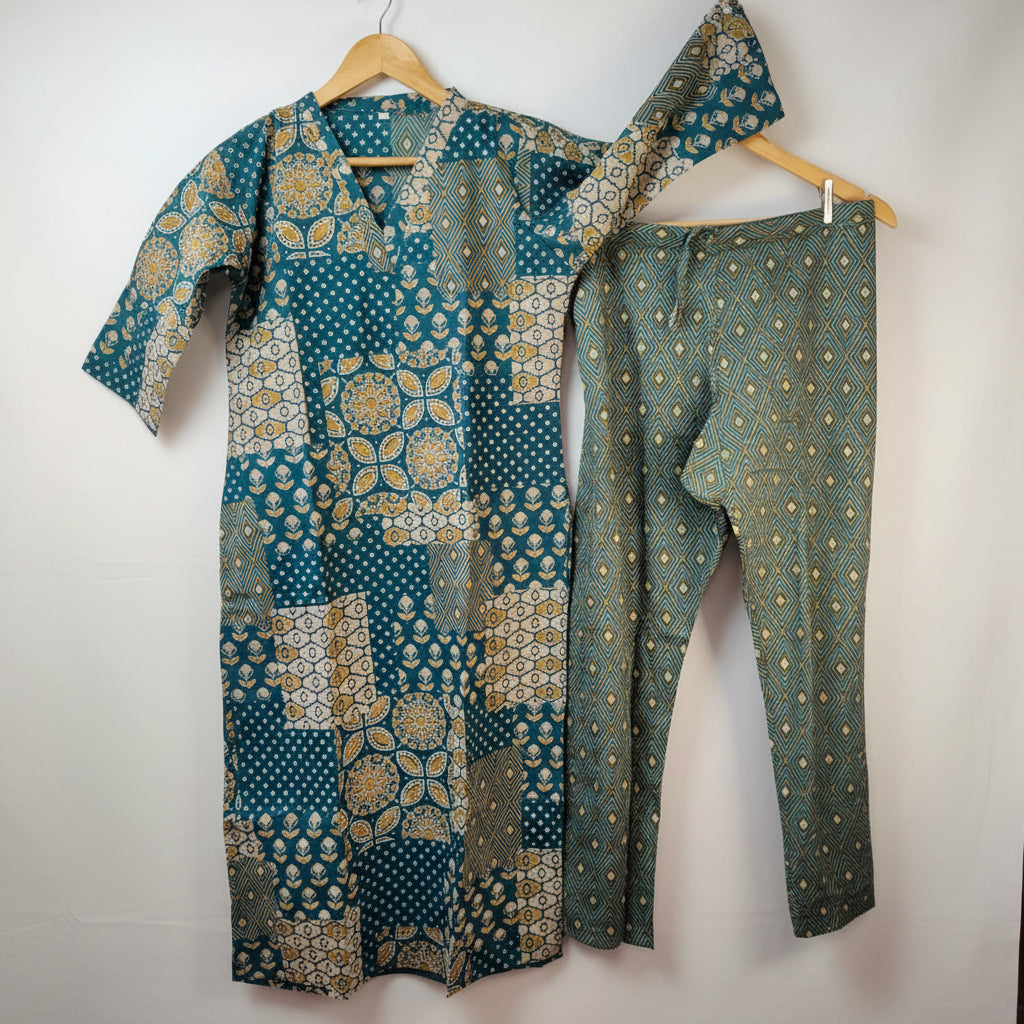 Teal Blue Geometric Kurta Set