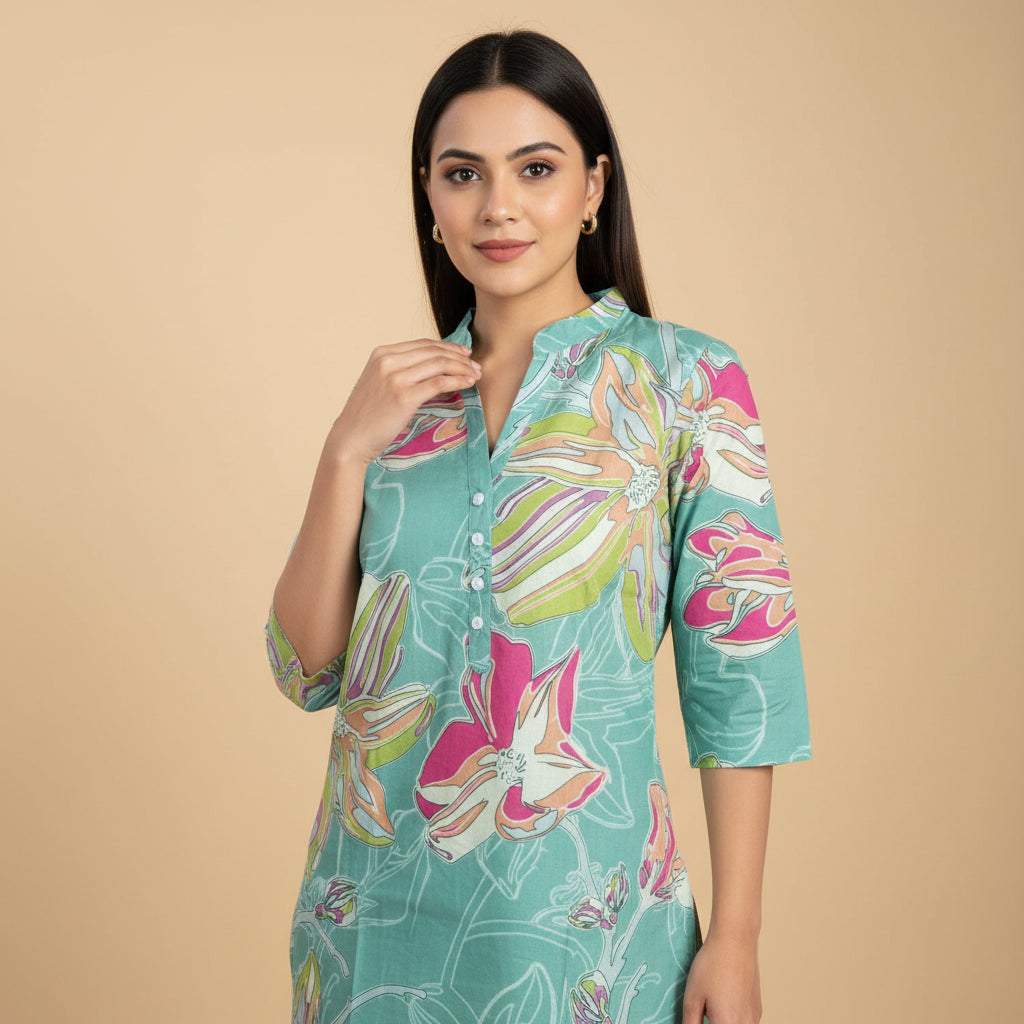 Mint Green Floral Short kurti