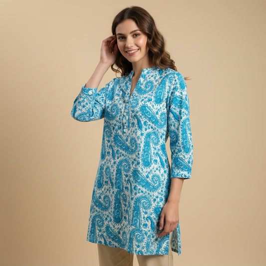 sky blue floral short kurti