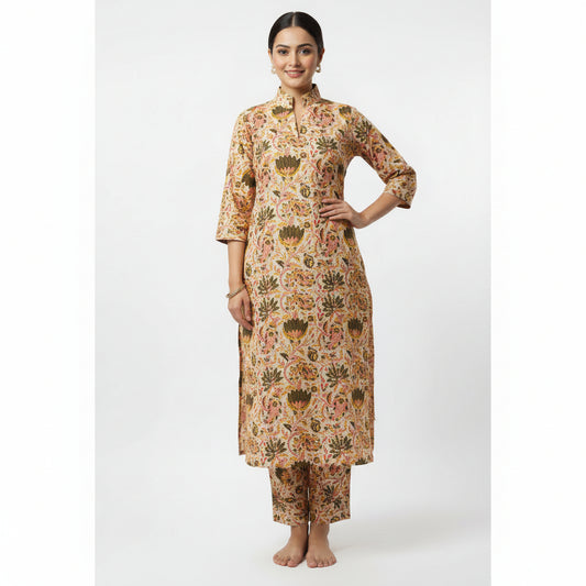 Cream Base Floral Kurta set