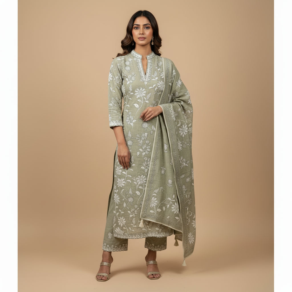 Sage Green Kurta-Bottom-Dupatta set