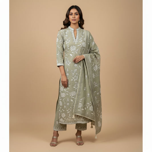 Sage Green Kurta-Bottom-Dupatta set