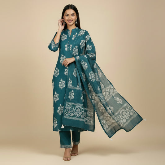 Teal Blue Kurta-Bottom-Dupatta set