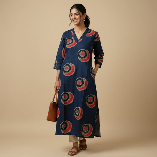 Navy-blue Cotton  Kurti