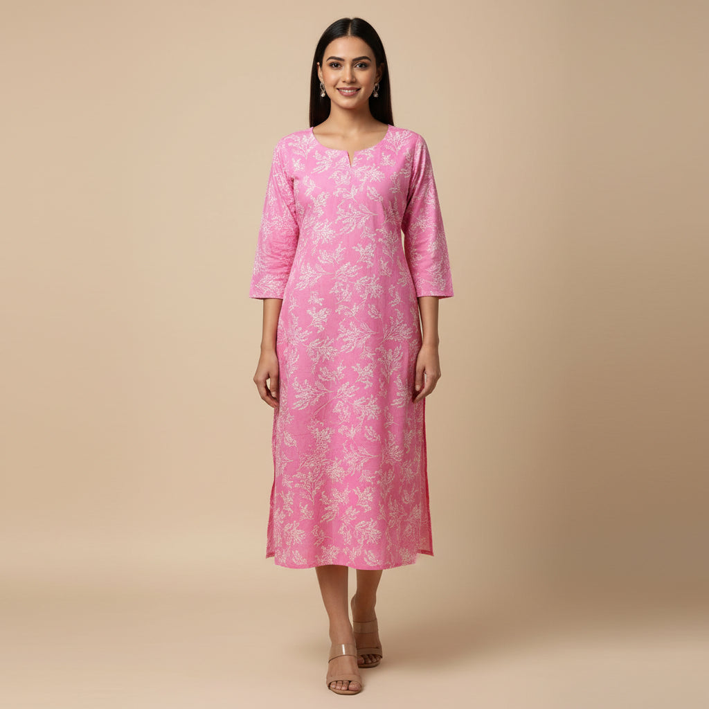 Pink Floral Cotton Kurti