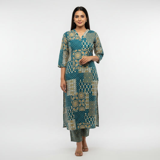 Teal Blue Geometric Kurta Set