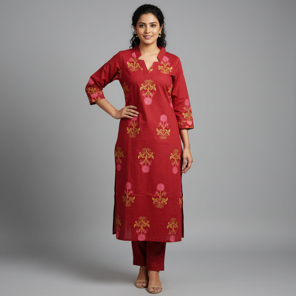 Maroon Cotton Kurta Set