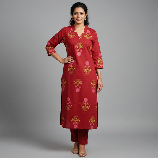 Maroon Cotton Kurta Set